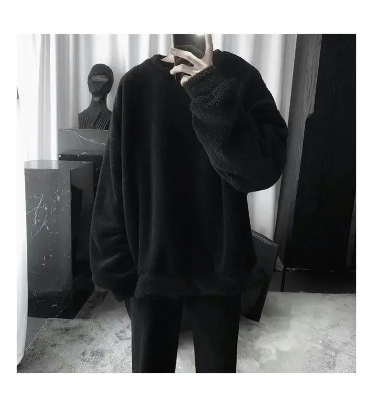 Description Picture 6 of itemSweatshirts Men Solid Simple Warm Autumn Winter Round Neck Streetwear Korean Style Teenagers Hipster Slouchy Clothing Unisex