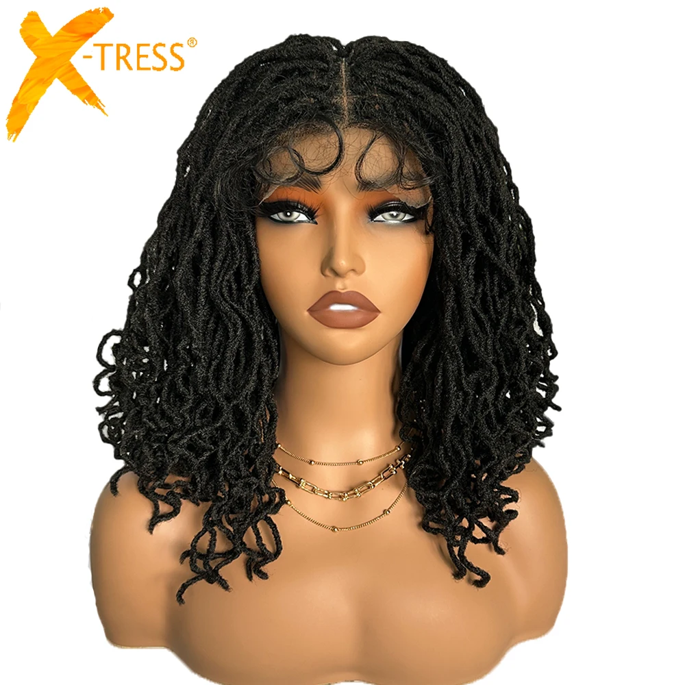 X-TRESS 4x4 Lace Front Twist Dreadlock Braided Wig 14" Curly Faux Locs for Black Women with Baby Hair