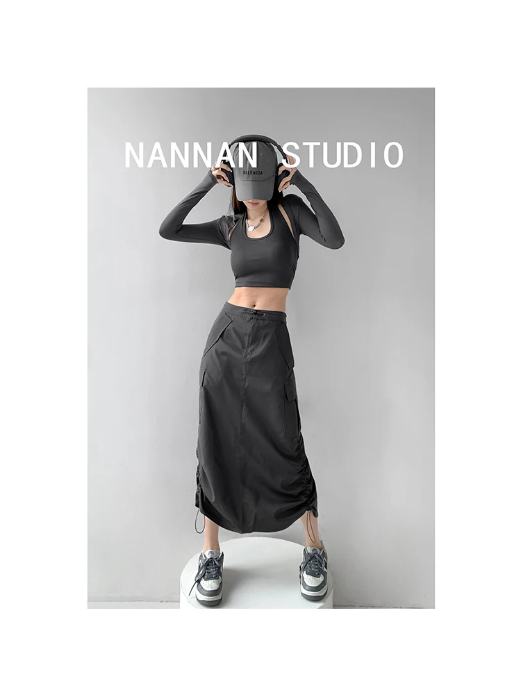 

Korean Fashion Y2K Streetwear Women Long Skirt with Adjustable Drawstring Solid Color Casual Style Loose 2023 Summer Clothing