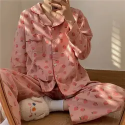 Sweet Casual Pajamas Set for Women 2022 Strawberry Plaid Printing Spring Homewear Long Sleeve Two Piece Suit Kawaii Sleepwear