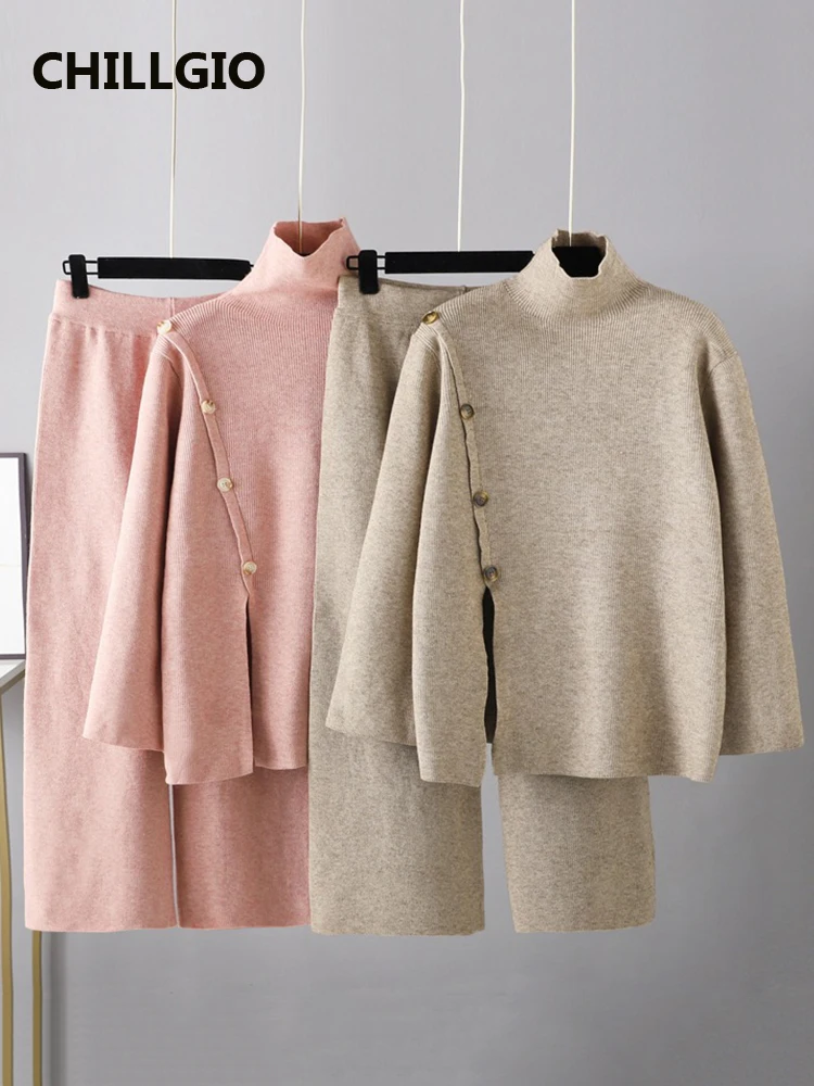 

CHILLIGO Women Two Piece Knitted Sets Winter Split Button Pullovers+Wide Leg Pants Fashion Autumn Thick Turtleneck Sweater Suits