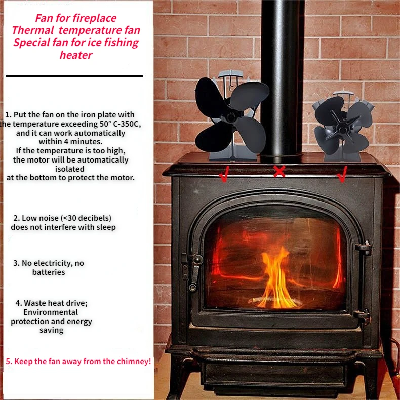 4 Blade Heat Powered Fireplace Fan Quiet Thermal Fan Outdoor Log Wood Stove  Red Heat Resistance Fan Temperature Difference Fan