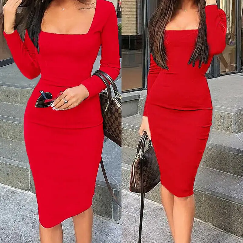 

Elegant Dress Women Long Sleeve Bodycon Dress Ladies Casual Dress Party Dress Xmas Warm Cotton Winter Dress Autumn Hot S-XL