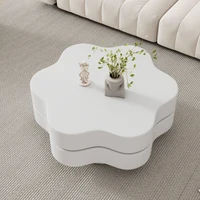 Table basse en forme de fleur 74,8*67,5*31cm, plateau supérieur 360 °   Table basse pivotante pour salon, double plateau, 2 niveaux de rangement, capacité totale recommandée 30 kg, MDF, blanc crème 2