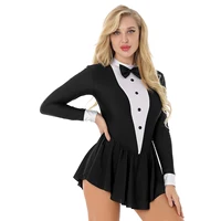 Robe de patinage artistique pour adolescents, femmes adultes, manches longues, nœud papillon, jupe de smoking, justaucorps de gymnastique, Costume de danse latine Jazz moderne 2