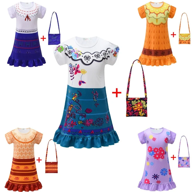 Abiti Per Bambini Per Ragazze Encanto Mirabel Madrigal Dress Neonate Dress Bag 2 Pezzi Set Princess Summer Pink Dress Pigiama Party