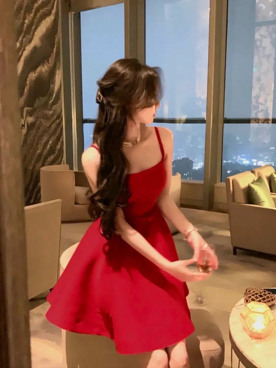 Elegant Short Dresses for Women Summer New Solid Spaghetti Strap A-line Evening Party Dress Prom Chic Clothing Vestidos Mujer