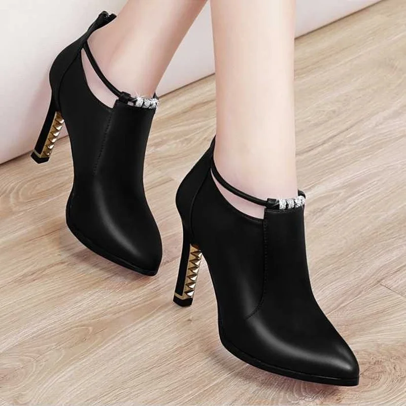 Winter Boots Botas Mujernew Winter Boots Women Shallow Round Toe Red Women's Boots Thin Heels Zip Ankle Pu Leather Zapatos De Mujer
