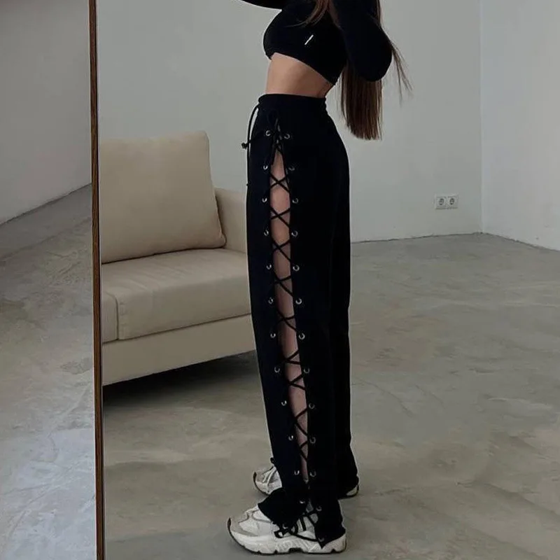 

Autumn Women's New Products Selling High Waist Pants Fashion Casual Street Side Drawstring Casual Pants.