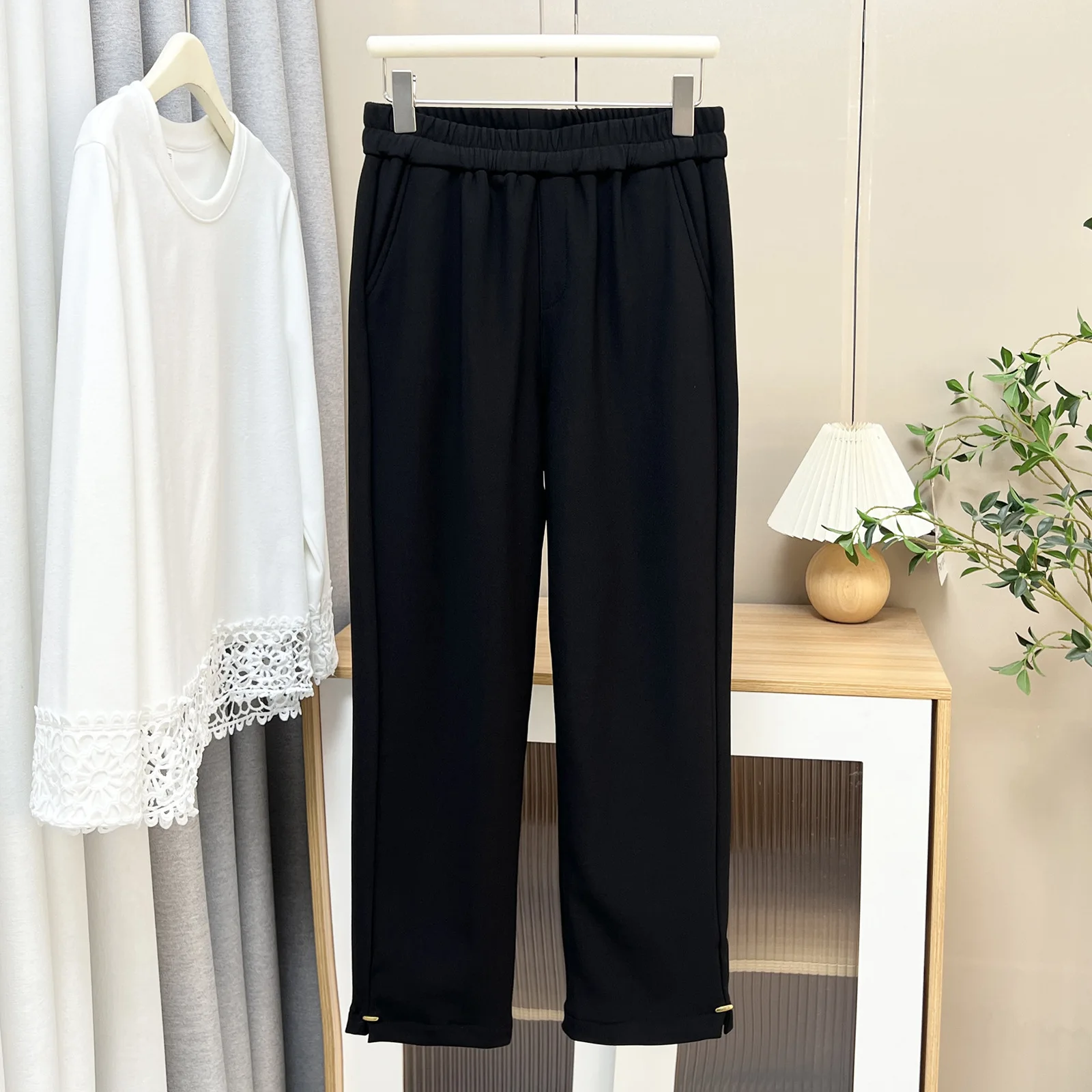 XXXXL Fashion Plus Size Women's Straight Pants Autumn Winter Style Simple Slit Cuffs With Fleece Casual Ankle-Length Trousers