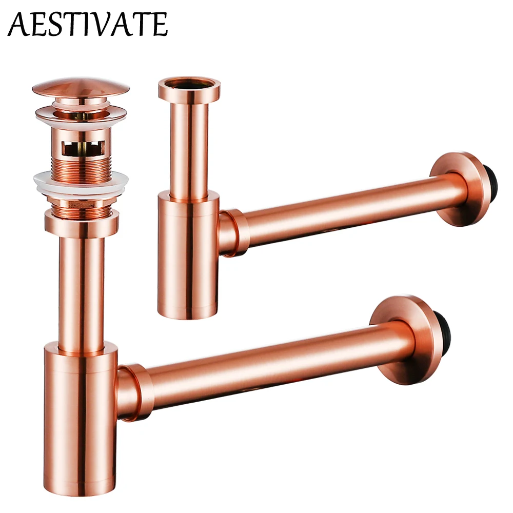 

Basin Bottle Trap Brass Bathroom Sink Siphon Drains With Pop Up Drain Brushed Rose Gold P-TRAP Pipe Waste With/Without Overflow