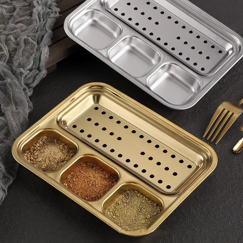 

4/5Grids 304 Stainless Steel Seasoning Plate Golden Oil Separating Tray Barbecue Meat Dipping Sauce Plate Kitchen Tableware