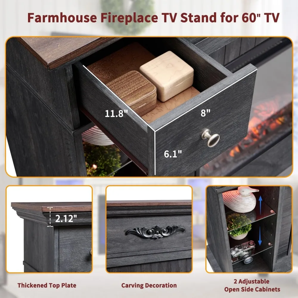 54" Farmhouse Electric Fireplace with Mantel, 33" Tall LED Fireplace TV Stand w/7 Lighting Colors, 23'' Freestanding Electric 6