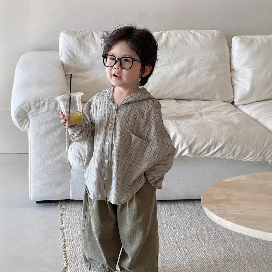 Children Linen Spring and Autumn Striped Shirt Boys and Girls Hooded Top Children Breathable Lightweight Cardigan