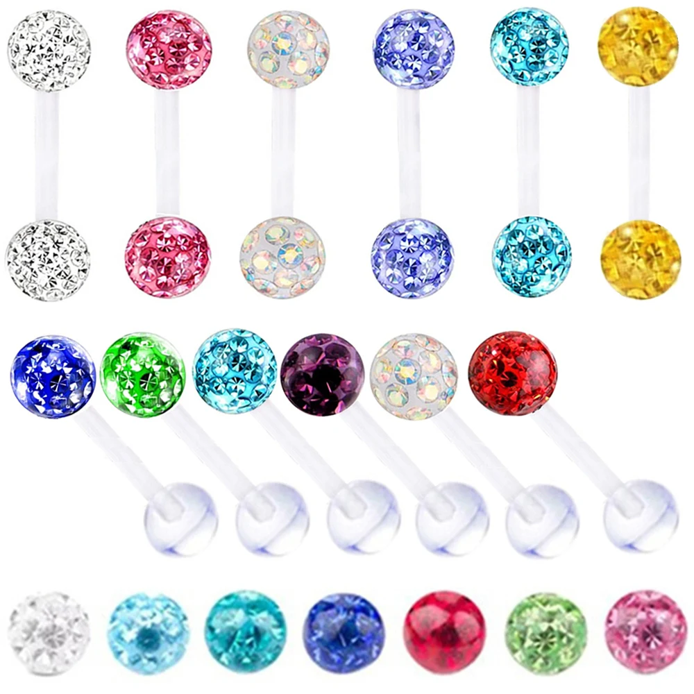 12X Multi Style Crystal Ball Acrylic Tongue Bar Barbell Flexible Nipple Ring Bioflex Piercing Jewellery Set 14g 1.6mm