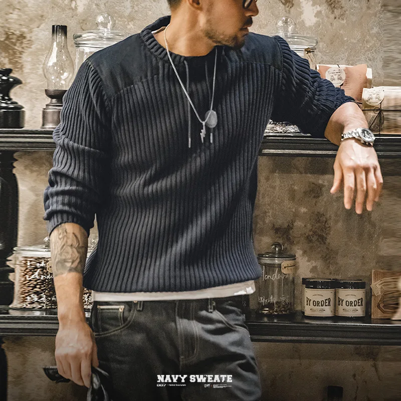 Maden Vertical Stripe Sweater O-Neck Slim Fit Men’s Retro Knitted Pullover Patch Stitching Design Classic Sweaters Men Clothing 3