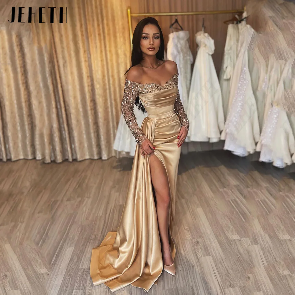 JEHETH Fashion Champagne Evening Dresses Off Shoulder Sweetheart Long Sleeves Prom Gowns Mermaid Satin 2024 vestidos de noche