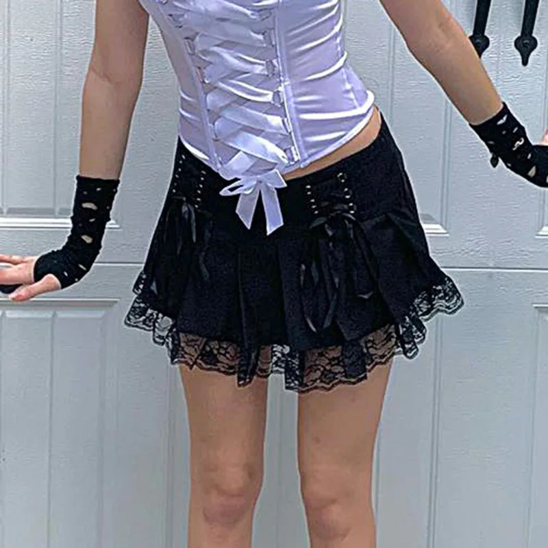 

Woman Skirts Goth Sexy Women Mini Skirt Black Sexy Lace Punk Pleated High Waist Dance Clothing Autumn Short Harajuku Streetwear