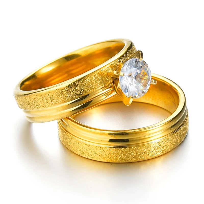 2pcsSetGoldColorStainlessSteelCoupleRingFrostedCrownStoneWeddingRingsforwomen