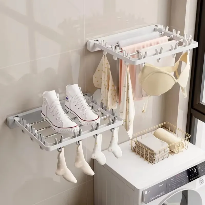 Folding Drying Rack Wall Mounted Clothes Hanger Drying Clip Windproof Sock Clip Multi Functional Towel Hanger Space Saving 4