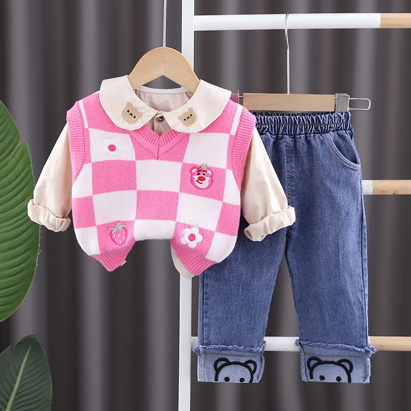 

Autumn Kids Vest Suit Cartoon Lotso Girls Clothing Cute Zara Baby Fashionable Casual Trousers 3Pcs-Set Children's Clothing Gift