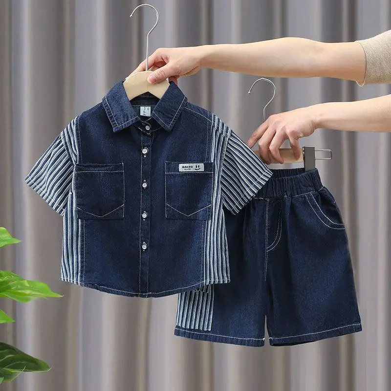 Summer Kids Boys Handsome Clothing Children Casual Denim Short Sleeve Shirt+ Shorts 2Pcs/Set Kids Striped Sportswear 2-10Y