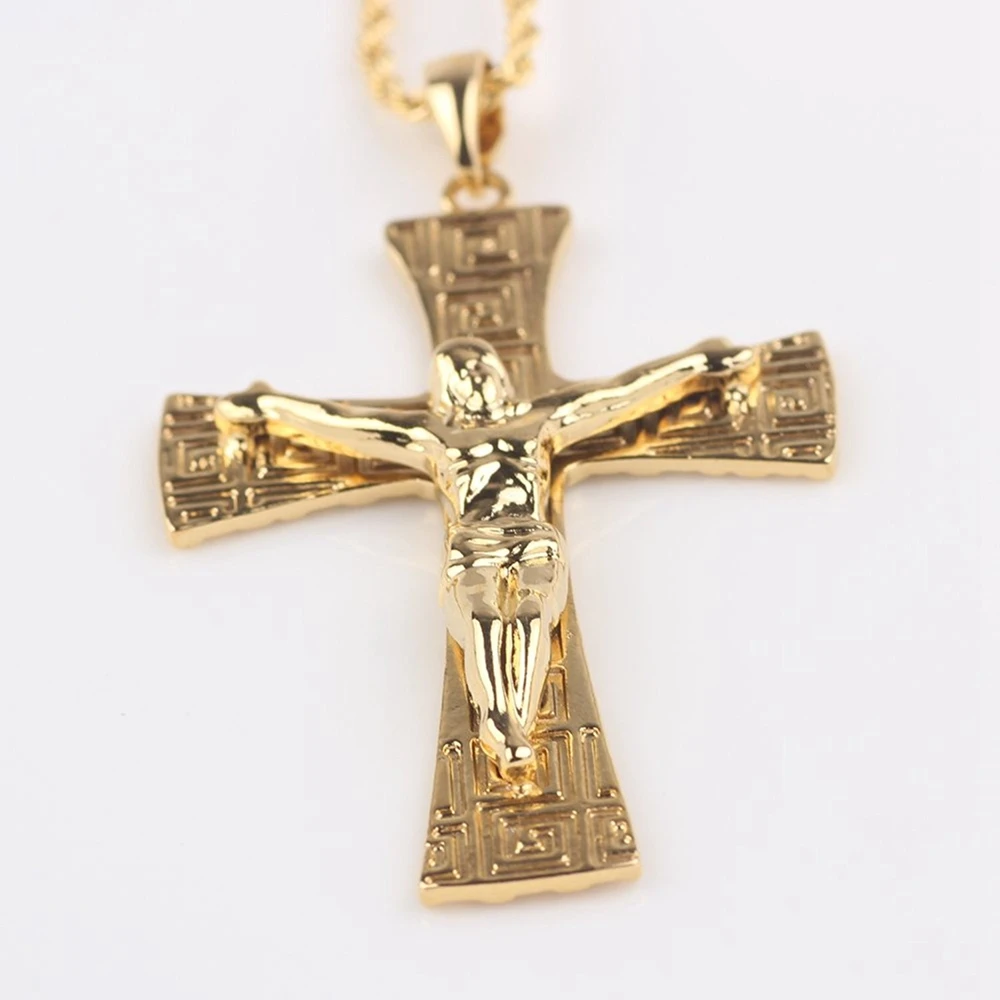 Big Jesus Cross Pendant Chain for Women Men 18k Yellow Gold Filled Classic Crucifix Unisex Vintage Trendy Believer Jewelry Gift