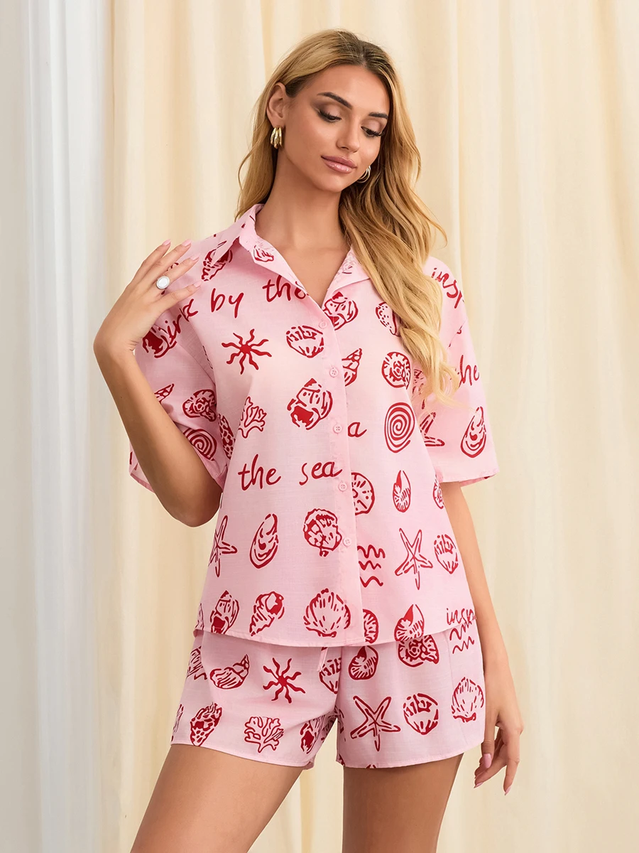 

Женская пляжная одежда для отпуска из 2 предметов, повседневный женский костюм с коротким рукавом, выходная рубашка и шорты для отдыха