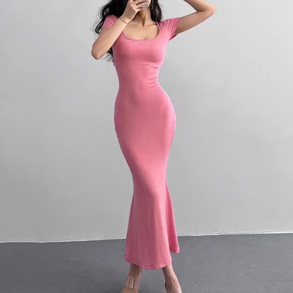 

Slim-fitting Fishtail Hem Dress Elegant Square Neck Maxi Dress with Fishtail Hem for Women Slim Fit Solid Color Sheath for Daily