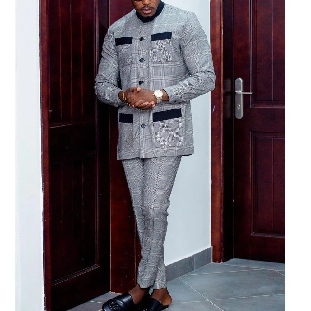 Luxury Men Suit Single Breasted Jacket Printed Plaid Top Pants African Traditional Wedding 2 Piece Sets Kaftan Dashiki Outfits