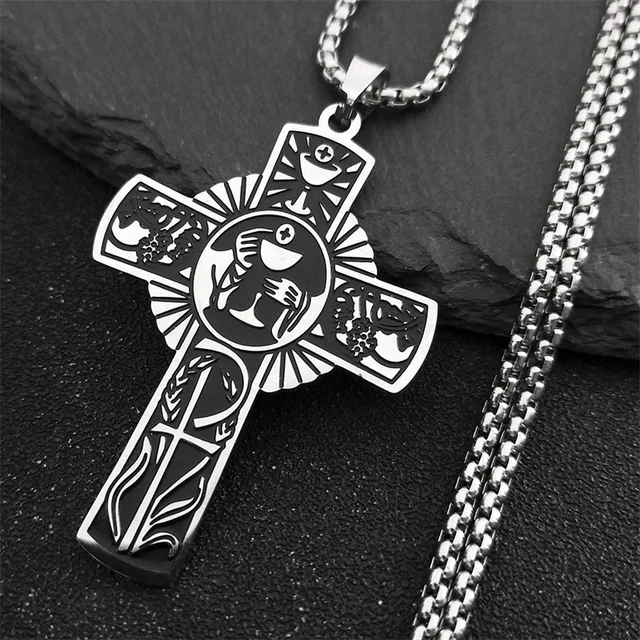 Christian Christ Eucharist Halo Grape Juice Cross Necklace Stainless Steel Men Women Catholic Holy Spirit Church Chain Jewelry