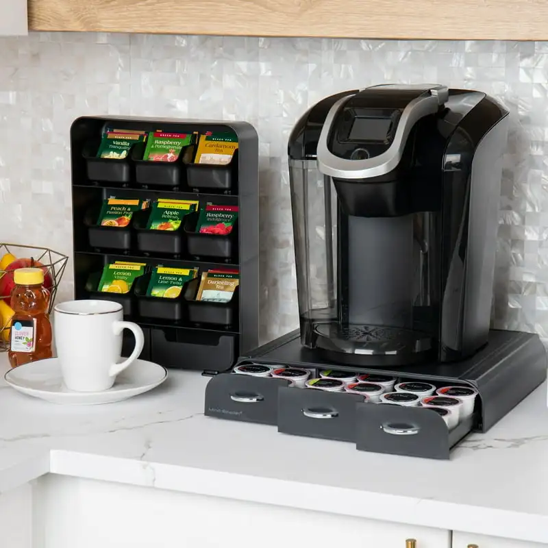 

Coffee and Tea Dispenser Set, Includes a Single Serve 36 Coffee Pod Capacity Drawer, and a 9-Drawer Tea Bag Organizer, Counterto