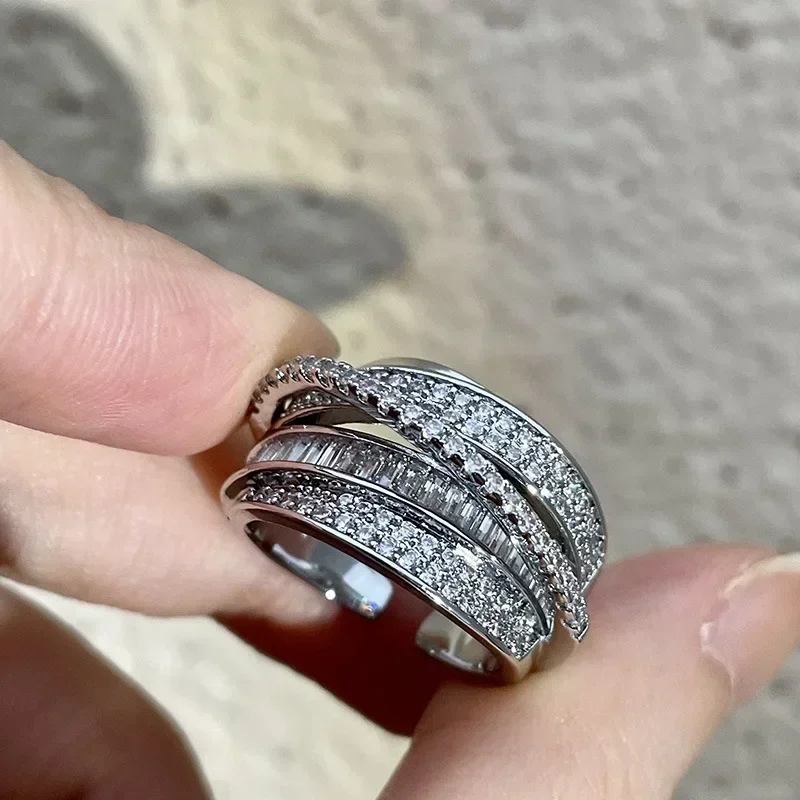 Korea Fashion Jewelry Silver Color Zircon Ring Elegant Women's Opening Adjustable Wedding Gift Luxury Accessory wedding rings finger rings zircon rings couple rings crystal rings
