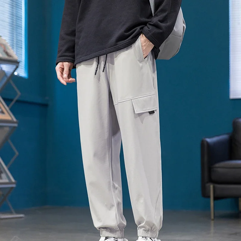 New Casual Men's Trend for Spring and Summer, Loose Fitting Sports Leggings, Black Draped Cropped Pants