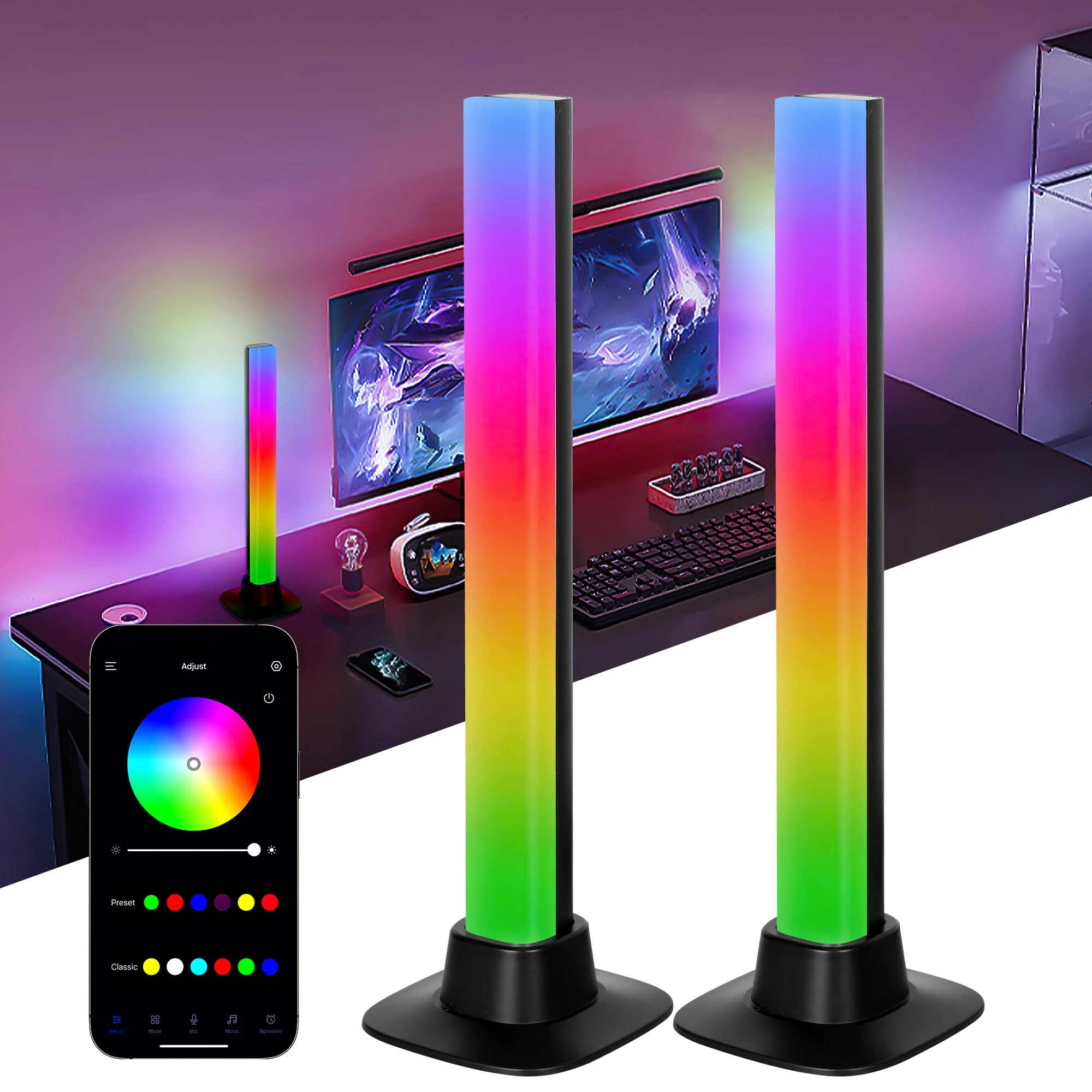 

Умные Φ Bar с 8 режимами сцены и музыки, Bluetooth RGB, с синхронизацией музыки, приложением и дистанционным управлением, яркий свет, 2 шт.