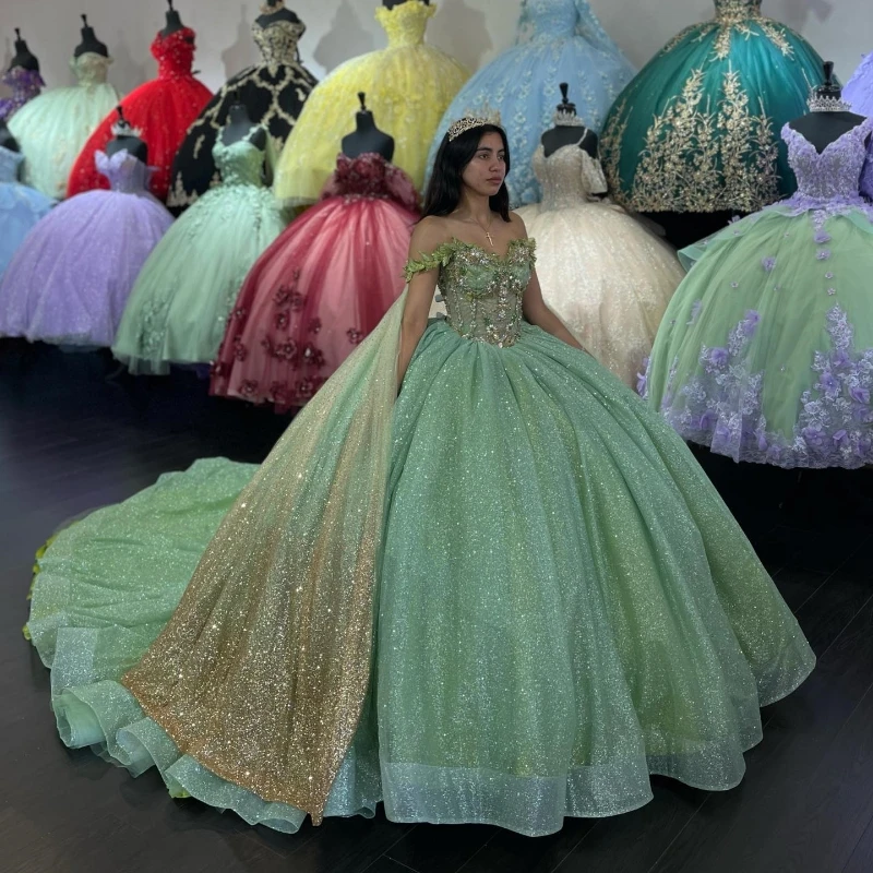 

Lorencia Sage Green Puffy Princess Quinceanera Dresses Applique Beads With Cape Corset Sweet 16 Dress Vestidos De 15 Anos YQD278