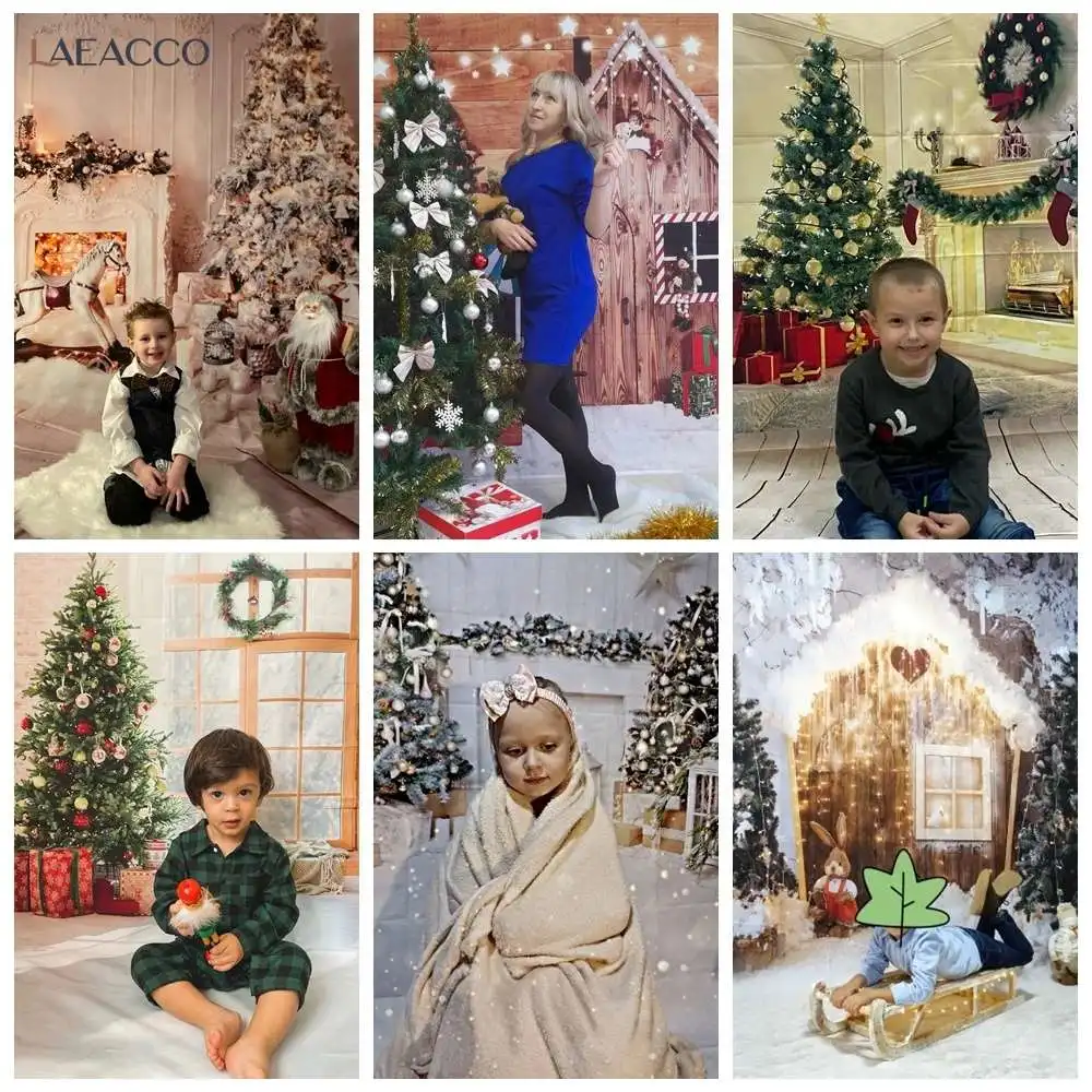 Winter Christmas Tree Gray Background Candle Festival Fireplace Wood Floor Xmas Family Shoot Kid Photo Backdrop for Photography photo backdrop