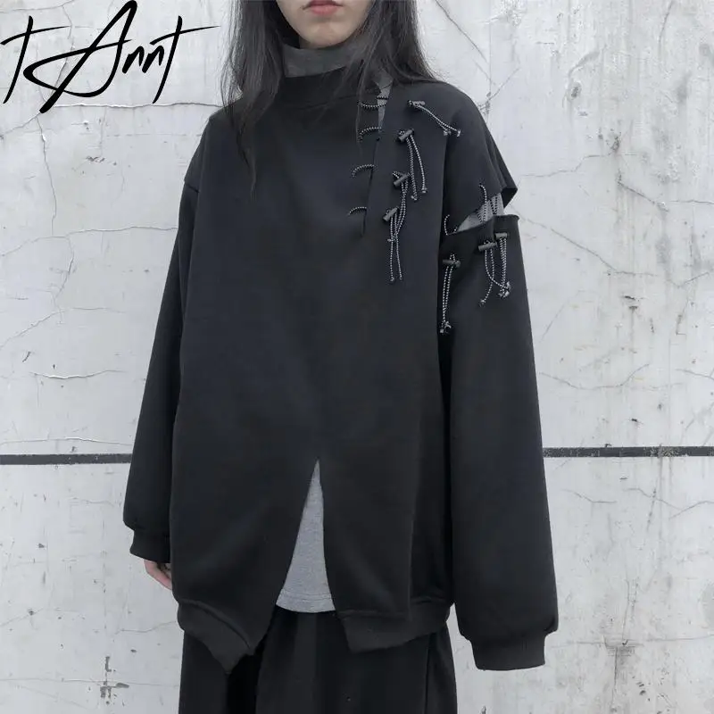 

Tannt Women Hoodies Irregular Holes Loose Black Pullovers Sweatshirt Asymmetry Fashion Casual Long Oversized Hoodie Coats 2023