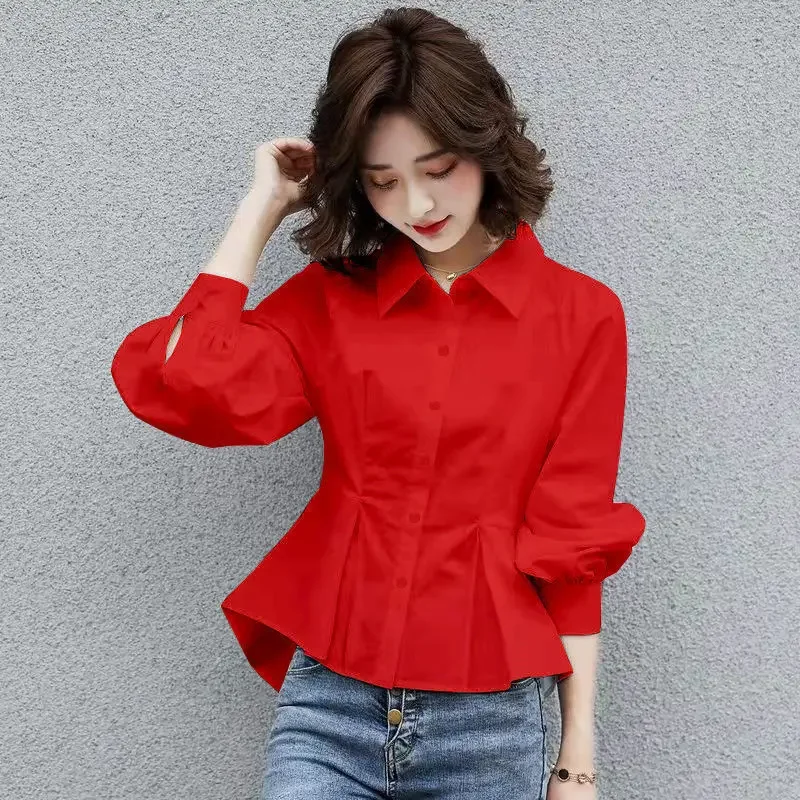 

Stylish Lapel Button Spliced All-match Folds Lantern Sleeve Shirt Clothing 2024 Autumn New Casual Tops Loose Chic Blouse J173