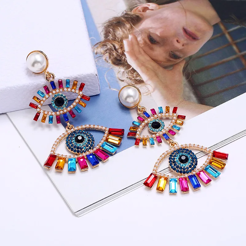 

Large Devil's Eye Hanging Earrings Women Luxury Colorful Zircon Inlaid Fashion Jewelry Elegant Pearl Drop Earring