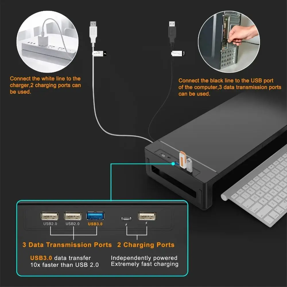 RGB 조명 모니터 스탠드 라이저, USB 3.0 & 2.0 허브, 접이식 노트북 거치대, 인체공학적 디자인, 수납 서랍 포함