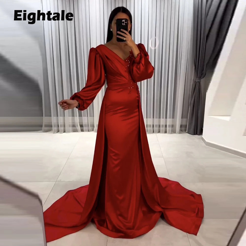 

Eightale Arabic Evening Dress for Wedding Party V-Neck Appliques Beaded Long Sleeves Red Mermaid Prom Gowns robe de soirée femme