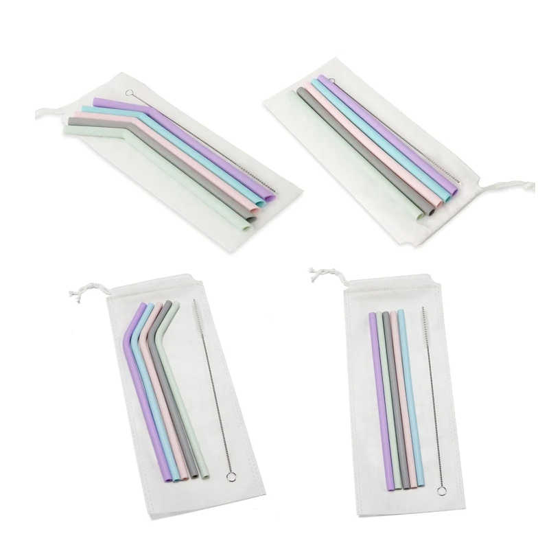 

5 Pcs Elbow or Straight Bent Drinking Straw With Cleaning Brush Set Party Bar