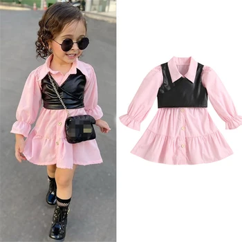 Girls' Shirt Dress & PU Vest Set 1
