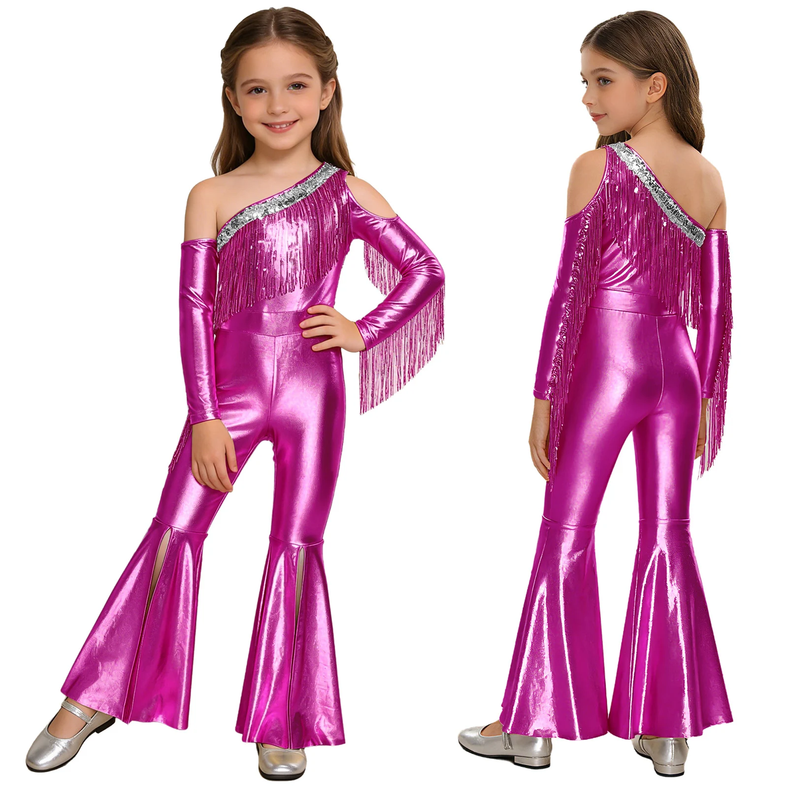 Girls 70s Disco Hippie Cowgirl Cosplay Jumpsuit Metallic Shiny Sequin Tassel Bell-bottom Bodysuit Halloween Carnival Costume