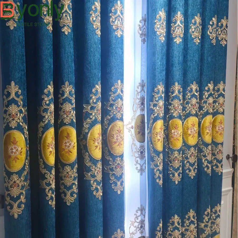 

Blue Gold Wire Double Row Embroidered Window Screen Thickened Chenille Curtains for Living Room Balcony Bedroom French Window