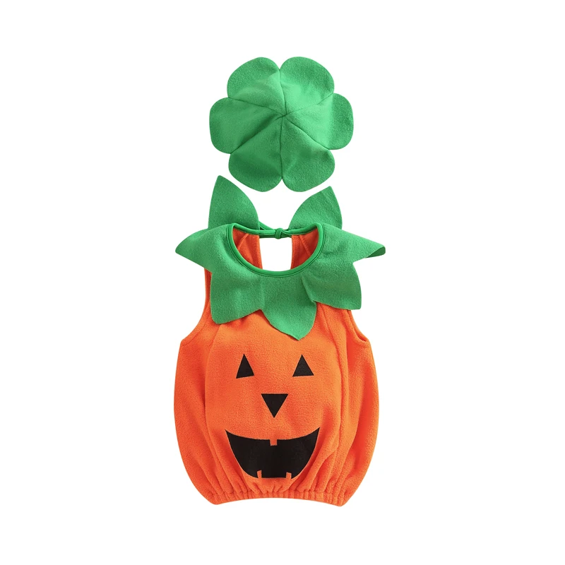 Vestiti del neonato Costume di zucca di Halloween Set canotte senza maniche con lacci per bambini cappello Set di abbigliamento per bambini Festival