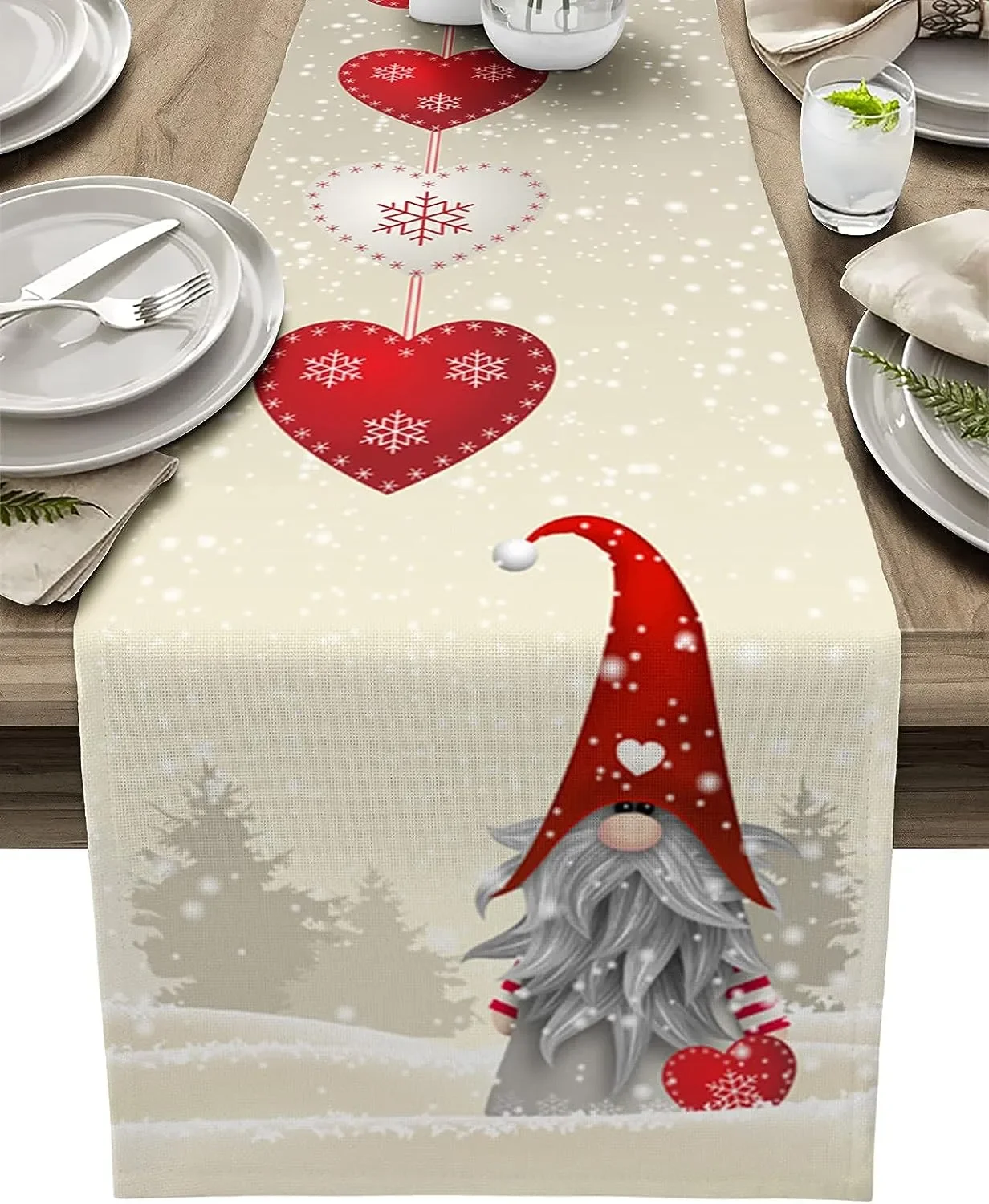 

Christmas Snowflakes Gnome Linen Table Runners, Dresser Scarves, Farmhouse Decor, Dining Table Runners