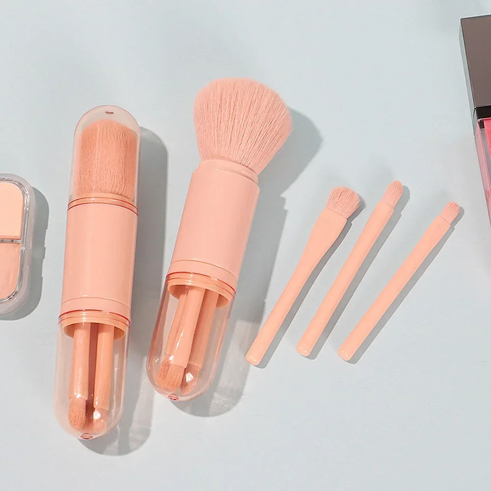 4-in-1 Teleskopierbares Make-up-Pinsel Set Mit Reinigungsbox – Mini-Pinsel Für Lidschatten, Puder & Highlight, Rosa