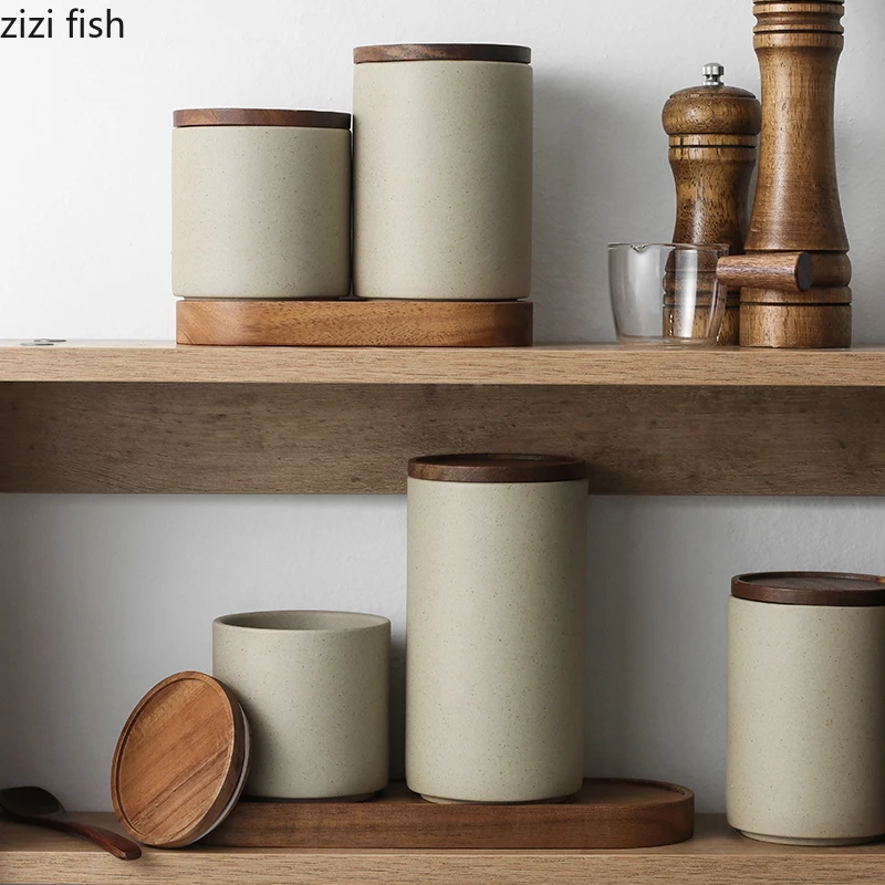 Retro Ceramic Storage Jar Wooden Lid Sealed Can Organizer Box Home Kitchen Food Storage Containers ceramic storage jar